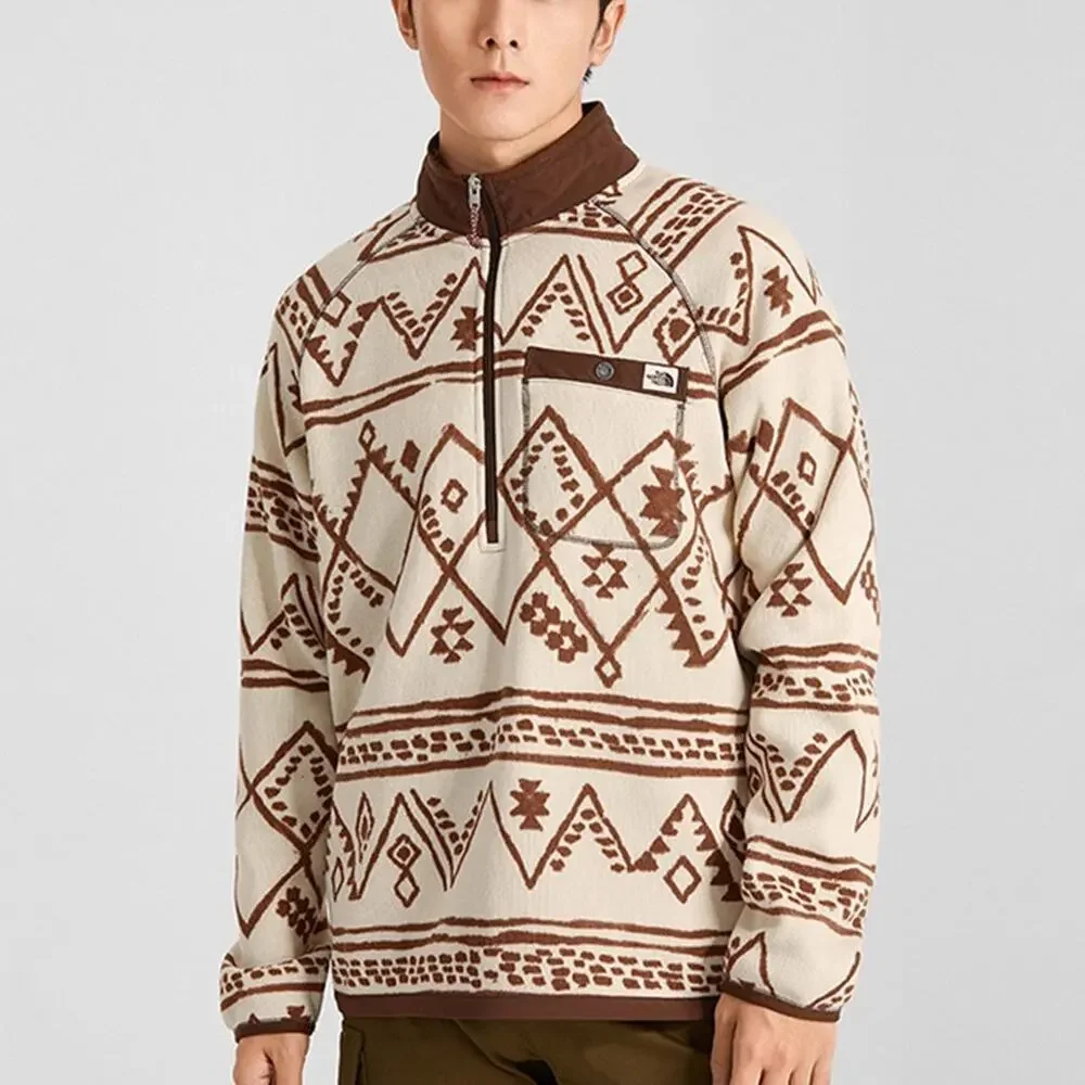 The North Face Gordon Lyons Pullover Mens XXL Cream Brown Fleece Aztec Geometric